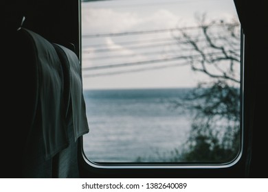 A sea view from a train window