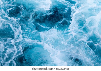 Sea water ship trail with foamy wave. Tropical islands ferry travel. Cruiseliner seawater trail. Deep ocean top view. Big ship pitching image. White swirl wave in sea. Marine travel banner template