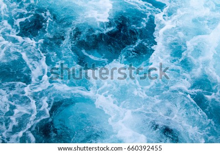 Sea water ship trail with foamy wave. Tropical islands ferry travel. Cruiseliner seawater trail. Deep ocean top view. Big ship pitching image. White swirl wave in sea. Marine travel banner template