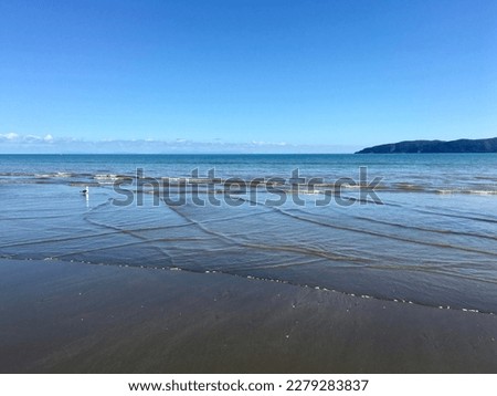 Sea wave interference pattern on flat Paraparaumu beach with Kapiti Island in the background. 
