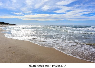 Sea Waves On Beach In Dzwirzyno Village Near Kolobrzeg Town, Baltic Sea Coast, Poland