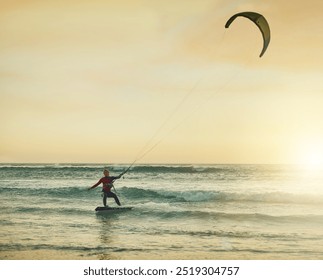 Sea, woman and kite surfing at sunset for sport, holiday and vacation with mockup space outdoor. Water, action or surfer kiteboarding for riding waves, ocean or training in summer for travel or hobby - Powered by Shutterstock