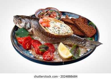 Seabass With Spinach And Cream Sauce. On A White Background