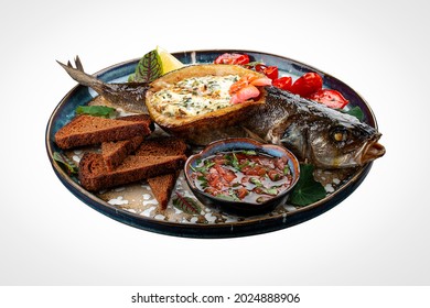 Seabass With Spinach And Cream Sauce. On A White Background