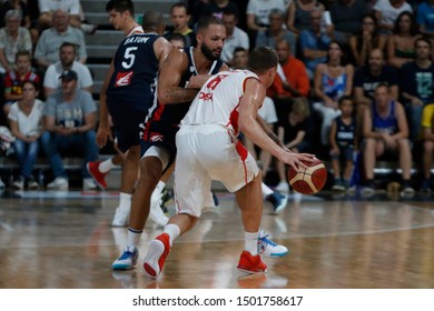 Sead Sehovic Of Montenegro And Evan Fournier Of France During Friendly Game Basketball Match Between France Vs Montenegro 8,15,2019 Astroballe Lyon France