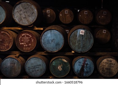 Seafield Ave, Keith, Scotland, UK - July 30, 2019: Old Oak Barrels full of good whiskey from various distilleries stored in Strathisla Distillery