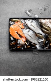 Seafood In Assortment Laid On Ice, Raw Prawns, Octopus, Salmon Steak And Mussels On A Dish, Top Down View