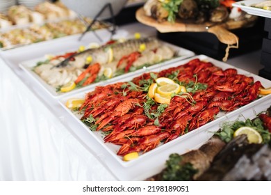 Seafood Background. Red Baby Lobser On Tray. Small Lobsters On Catering Table. Wedding Venue Banquet Food. Expensive Party Snack.