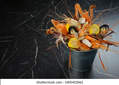 Seafood In Bucket And Vegetable