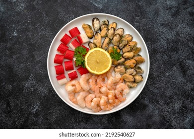 Seafood Charcuterie Plate Board With Shrimps, Top View