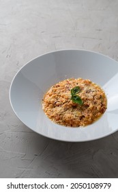 Seafood Creamy Risotto, Small Portion In A Wide Plate, Fancy Restaurant Menu