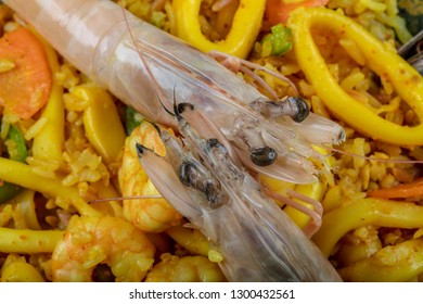 Seafood Dinner: Gumbo Style Crab And Crawfish (shrimp) With Saffron Rice. Fish Restaurant Concept.