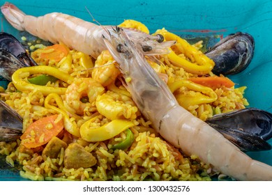 Seafood Dinner: Gumbo Style Crab And Crawfish (shrimp) With Saffron Rice. Fish Restaurant Concept.