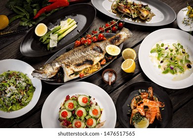 Seafood Feast With Whole Fish, King Prawns, Monk Fish And Salad