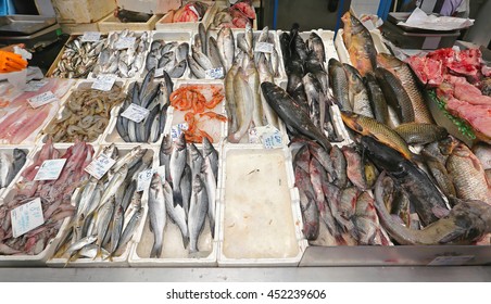 Seafood At Fish Market Stall In Italy