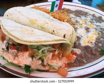 Seafood Fish Tacos On A Plate With Rice And Beans