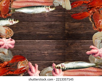 Seafood With Fresh Lobster,shrimp, Oysters As An Ocean Gourmet Dinner With Wood Background