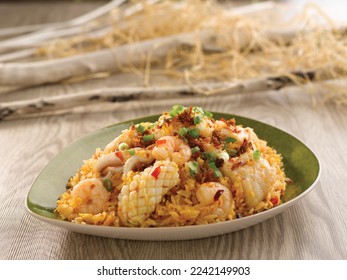 Seafood Fried Rice in XO Sauce served in dish isolated on table top view of food