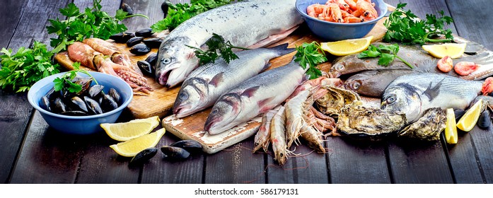 Seafood. Healthy Diet Eating Concept. View From Above