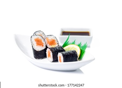 Seafood Maki Sushi In White Plate Isolated On White Background