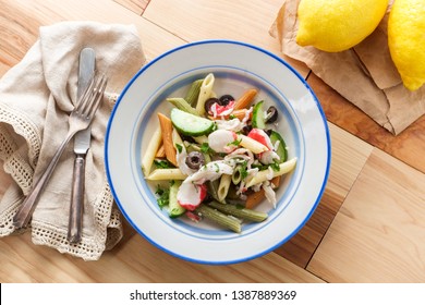 Seafood Pasta Salad With Imitation Crab Meat Tricolor Penne Olives And Cucumbers