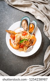 Seafood Pasta Spaghetti With Clams, Prawns, Squis, Mussel And Tomatoes - Italian Food Style