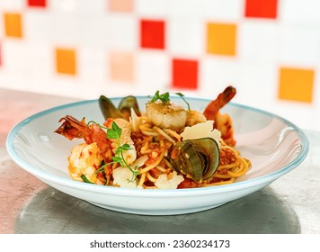 Seafood pasta , spaghetti, frutti di mare Italian cuisine - Shutterstock ID 2360234173