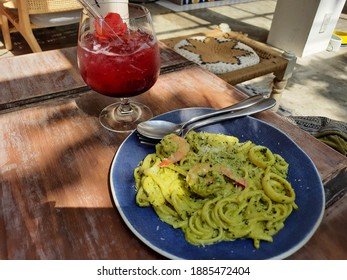 Seafood Pesto Pasta In Festive Background