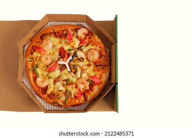 Seafood Pizza With Shrimp And Crab Stick And Mozzarella Cheese  Isolated On White Background, Food Delivery Service, Disposable Paper Food Containers