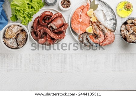 Seafood Platter Delight: Shrimps, Salmon, Oysters Galore. Flat lay with copy space