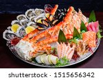 Seafood platter. Seafood on a large plate. Assorted seafood from mussels, oysters, crab, shrimp