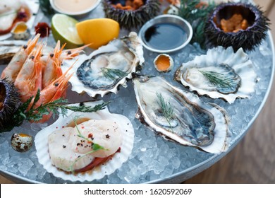 Seafood platter. Seafood on a large plate. Assorted seafood from oysters,  shrimp - Powered by Shutterstock