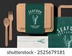 Seafood restaurant branding with lobster design. Includes packaging, utensils, and napkin. Seafood theme mockup packaging. Seafood restaurant branding mockup with eco packaging. Eco food packaging