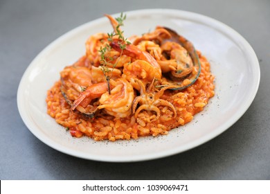 Seafood Risotto With Mussel Shrimp And Squid , Italian Food 