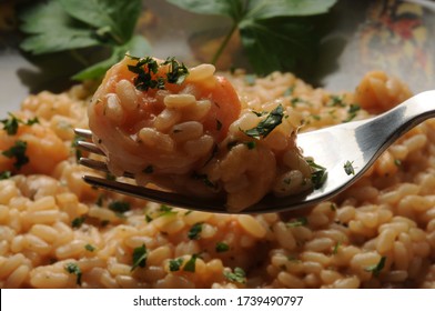Seafood risotto with prawn on the fork