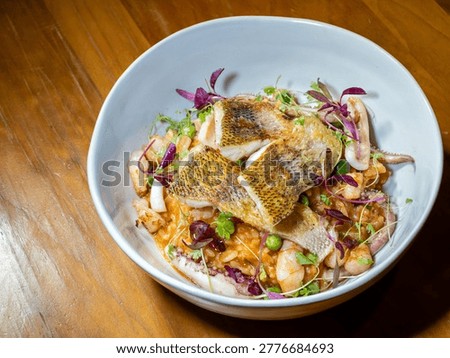Seafood Risotto Topped with Pan Seared Fish Fillet

