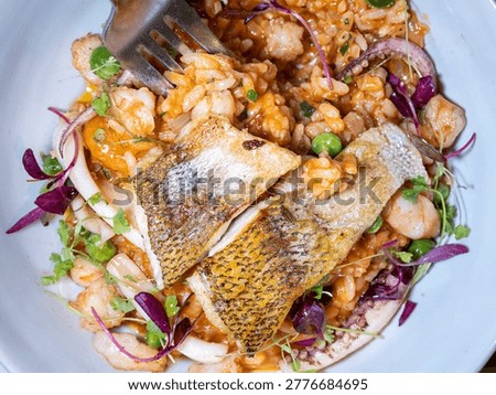 Seafood Risotto Topped with Pan Seared Fish Fillet
