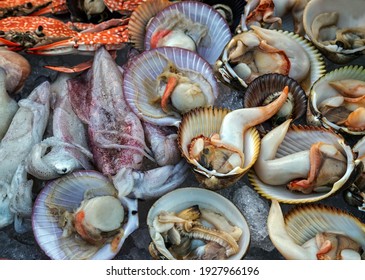 Seafood Set On Ice Background At The Fish Market