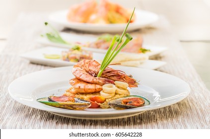 Seafood Sets At Local Restaurant, Fine Dining, Outdoors Shot