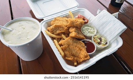 Seafood - a white takeout container with fish and chips - breaded fried fish and French fries, ketchup, tartar sauce, coleslaw, and a side of clam chowder - Powered by Shutterstock