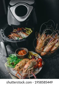 Seafood,Delicious Grilled Shimp With Vegetables Inside An Air Fryer Tray.