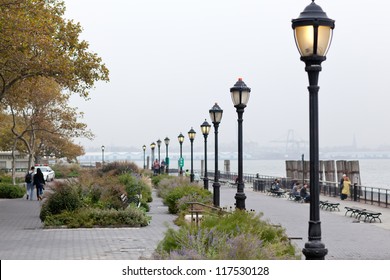 Seafront Of New York City On Day With Heavy Fog In Autumn, Battery Park