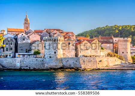 Seafront view at Korcula old town, historic island and travel european destination in Croatia. / Selective focus.