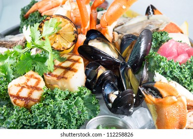 Seagood Platter: A close-up of a beautiful gourmet seafood platter with a variety of shellfish, crustaceans and fish