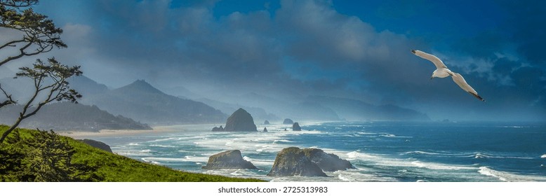 Seagull Flying Over Haystack Rock and Misty Oregon Coastline at 