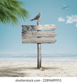 Seagull and old wooden signpost on the beach, happy summer holiday concept - Powered by Shutterstock