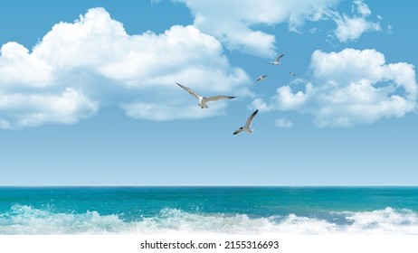 Gaviotas volando en un cielo tropical azul, mar turquesa y nubes esponjosas. hermosa vista del océano