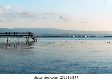 Seagulls resting on the sea, pier, mountains and clouds. - Powered by Shutterstock