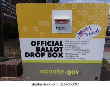 Seal Beach, California USA–May 8, 2022: An official drop box for voter ballots stands outside an Orange County library, ready for the state’s June primary and crucial U.S. midterm elections to follow.