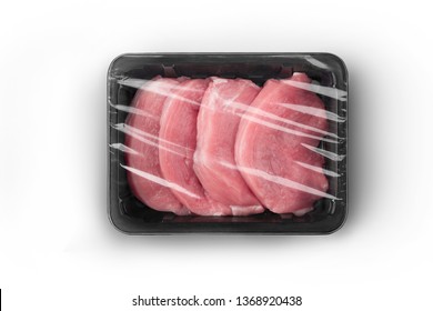 Sealable Black Plastic Tray With Raw Meat Schnitzels Top-view.  Packaging Template Mockup Collection. With Clipping Path Included.